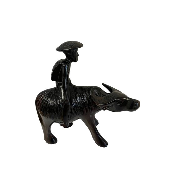 Chinese Carved Buffalo With Ride Resin WaterStatue Sculpture 8.5" H X7 1/4"